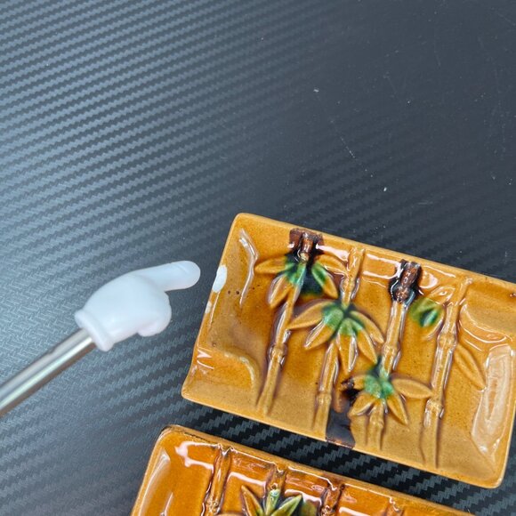 1960s MCM Ceramic Bamboo Style Ashtray Set of 3 with holder Lidded Made in Japan - Picture 10 of 16